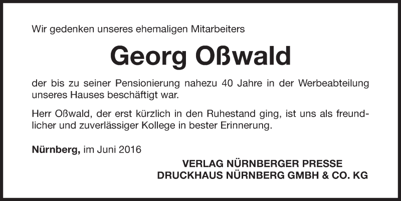  Traueranzeige für Georg Oßwald vom 02.07.2016 aus Gesamtausgabe Nürnberger Nachrichten/ Nürnberger Ztg.