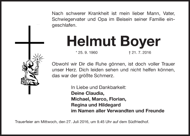  Traueranzeige für Helmut Boyer vom 25.07.2016 aus Gesamtausgabe Nürnberger Nachrichten/ Nürnberger Ztg.