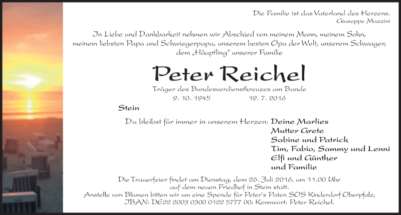  Traueranzeige für Peter Reichel vom 23.07.2016 aus Gesamtausgabe Nürnberger Nachrichten/ Nürnberger Ztg.