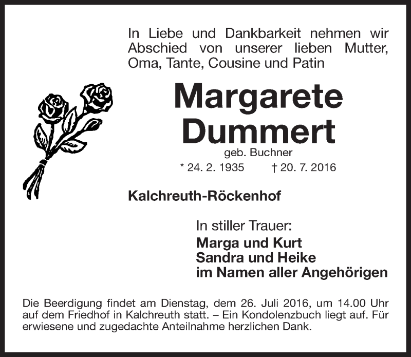  Traueranzeige für Margarete Dummert vom 23.07.2016 aus Gesamtausgabe Nürnberger Nachrichten/ Nürnberger Ztg.