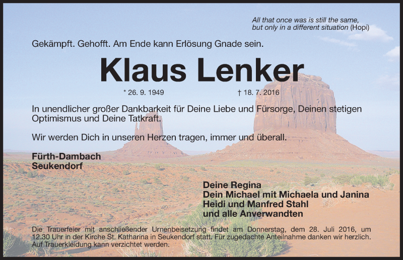  Traueranzeige für Klaus Lenker vom 26.07.2016 aus Fürther Nachrichten Lokal
