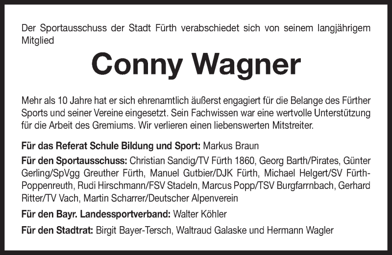  Traueranzeige für Conny Wagner vom 10.08.2016 aus Fürther Nachrichten Lokal