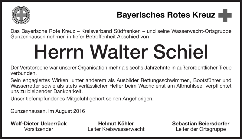 Traueranzeige für Walter Schiel vom 25.08.2016 aus Altmühl-Bote Lokal
