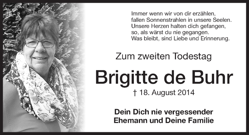  Traueranzeige für Brigitte de Buhr vom 18.08.2016 aus Altmühl-Bote Lokal