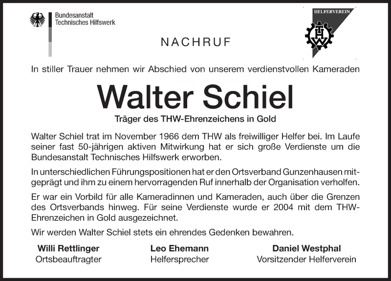  Traueranzeige für Walter Schiel vom 23.08.2016 aus Altmühl-Bote Lokal