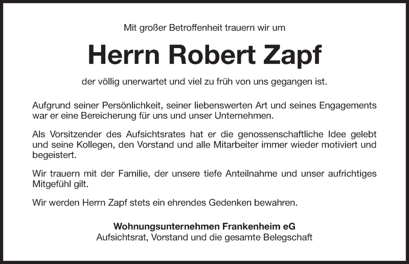  Traueranzeige für Robert Zapf vom 22.08.2016 aus Gesamtausgabe Nürnberger Nachrichten/ Nürnberger Ztg.