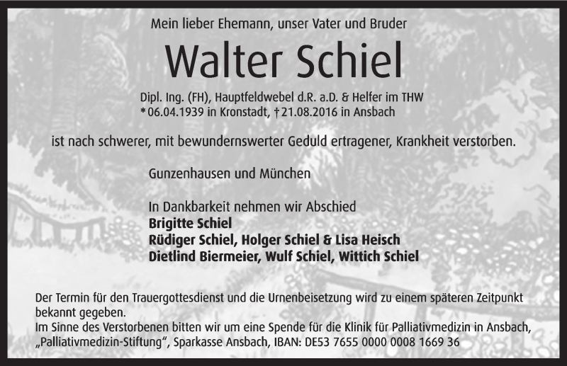  Traueranzeige für Walter Schiel vom 23.08.2016 aus Altmühl-Bote Lokal