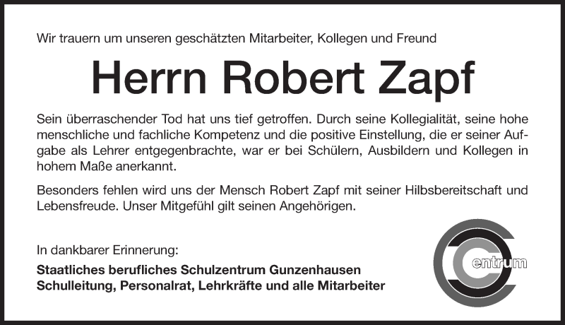  Traueranzeige für Robert Zapf vom 23.08.2016 aus Altmühl-Bote Lokal