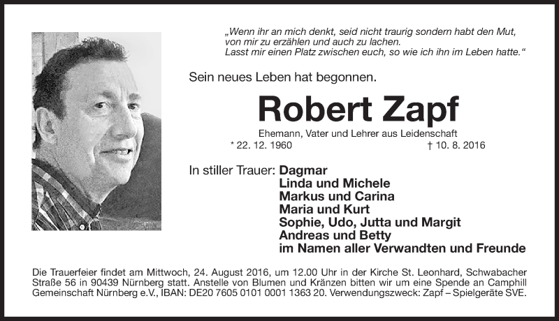  Traueranzeige für Robert Zapf vom 20.08.2016 aus Gesamtausgabe Nürnberger Nachrichten/ Nürnberger Ztg.