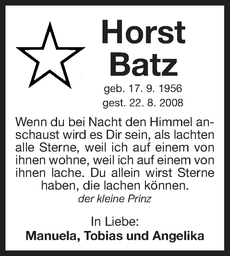  Traueranzeige für Horst Batz vom 20.08.2016 aus Erlanger Nachrichten Lokal