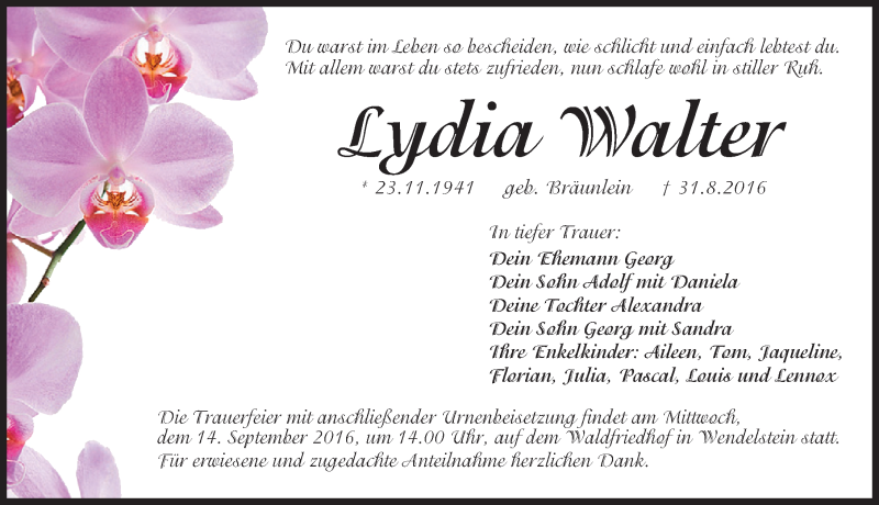  Traueranzeige für Lydia Walter vom 10.09.2016 aus Schwabach