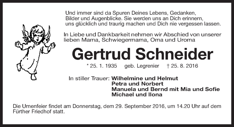  Traueranzeige für Gertrud Schneider vom 24.09.2016 aus Gesamtausgabe Nürnberger Nachrichten/ Nürnberger Ztg.