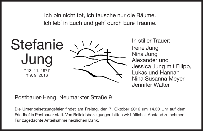  Traueranzeige für Stefanie Jung vom 01.10.2016 aus Neumarkter Nachrichten Lokal