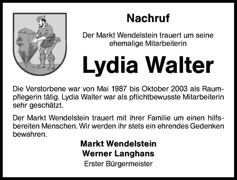  Traueranzeige für Lydia Walter vom 15.09.2016 aus Schwabach