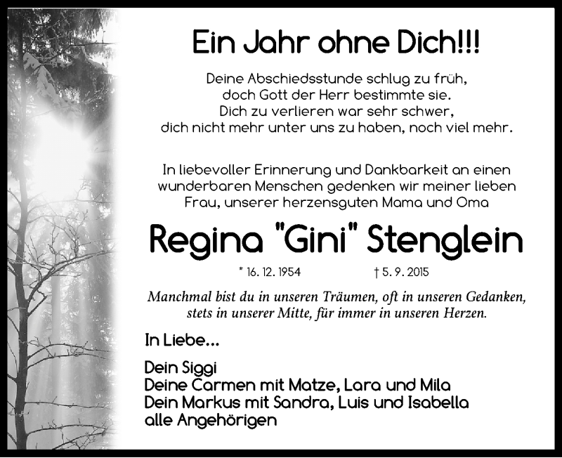  Traueranzeige für Regina Gini Stenglein vom 05.09.2016 aus Nordbayerische Nachrichten Forchheim Lokal