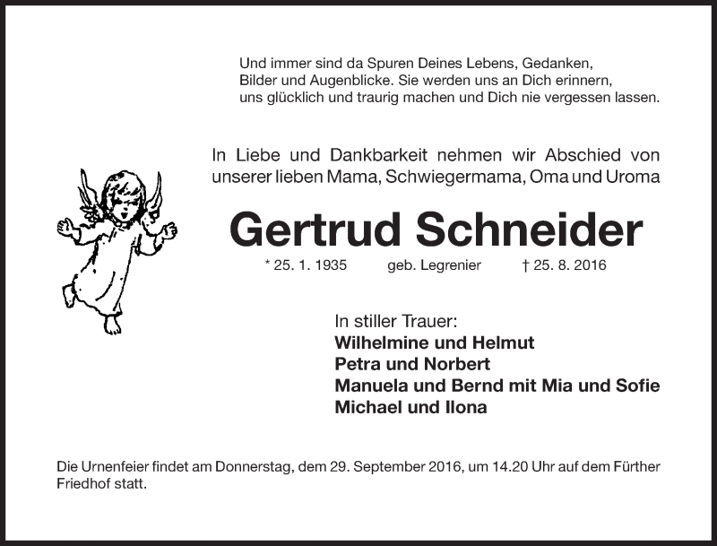  Traueranzeige für Gertrud Schneider vom 24.09.2016 aus Fürther Nachrichten Lokal
