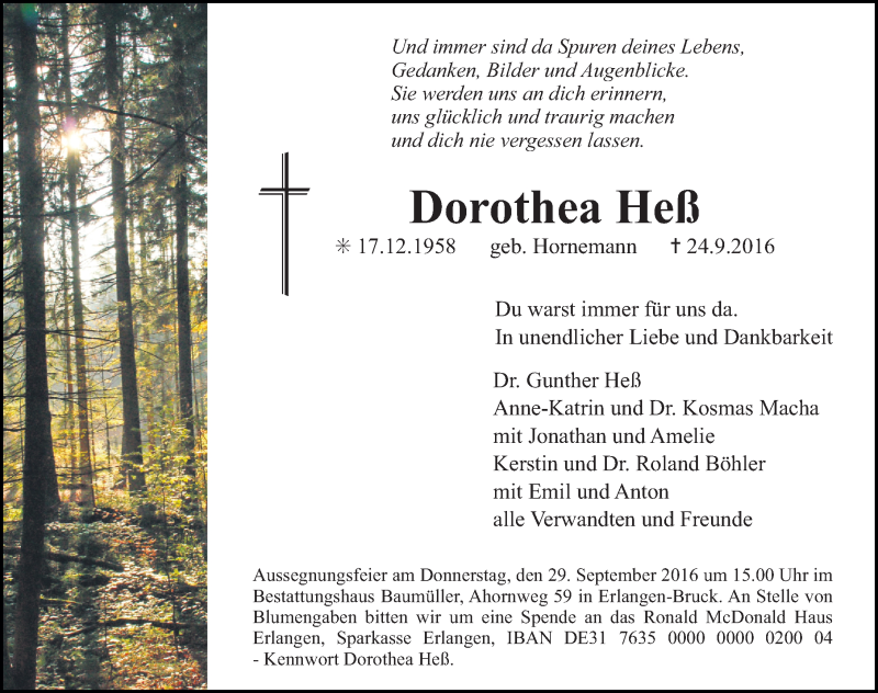  Traueranzeige für Dorothea Heß vom 26.09.2016 aus Erlanger Nachrichten Lokal