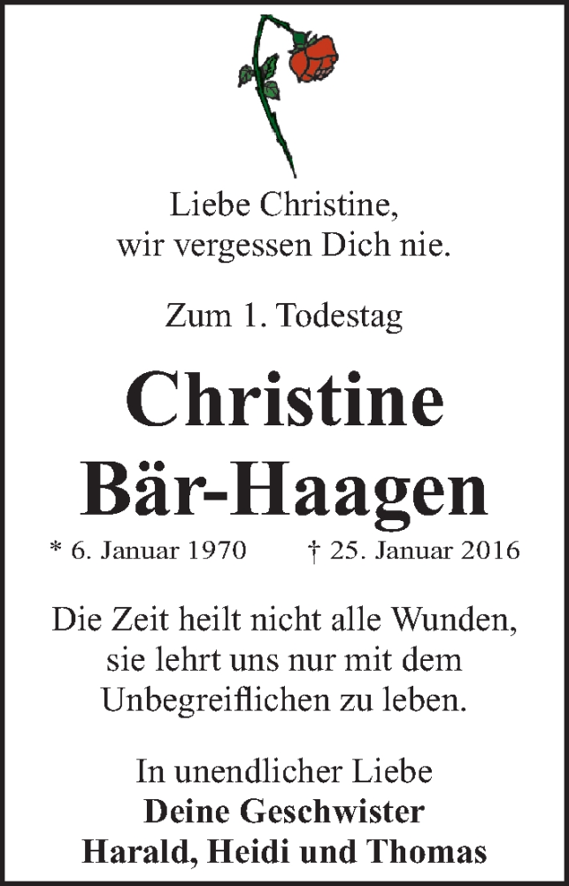  Traueranzeige für Christine Bär-Haagen vom 25.01.2017 aus Nordbayerische Nachrichten Herzogenaurach Lokal