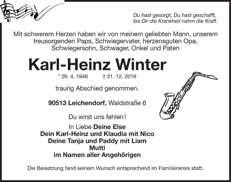  Traueranzeige für Karl-Heinz Winter vom 11.01.2017 aus Fürther Nachrichten Lokal