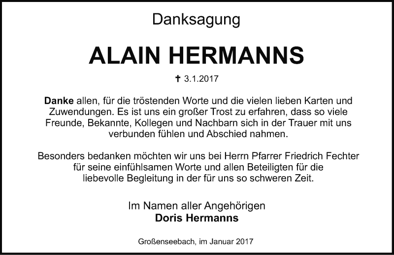  Traueranzeige für Alain Hermanns vom 28.01.2017 aus Nordbayerische Nachrichten Herzogenaurach Lokal