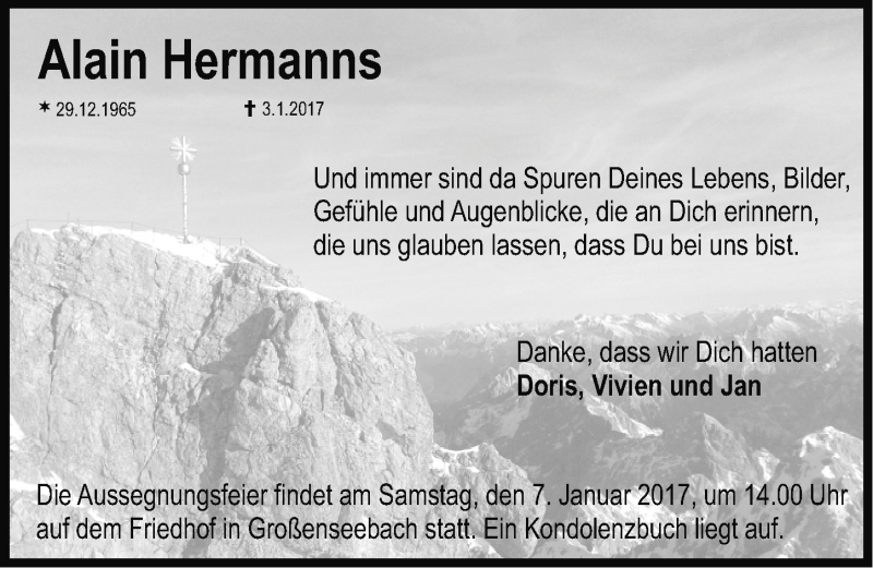 Traueranzeige für Alain Hermanns vom 05.01.2017 aus Erlanger Nachrichten Lokal