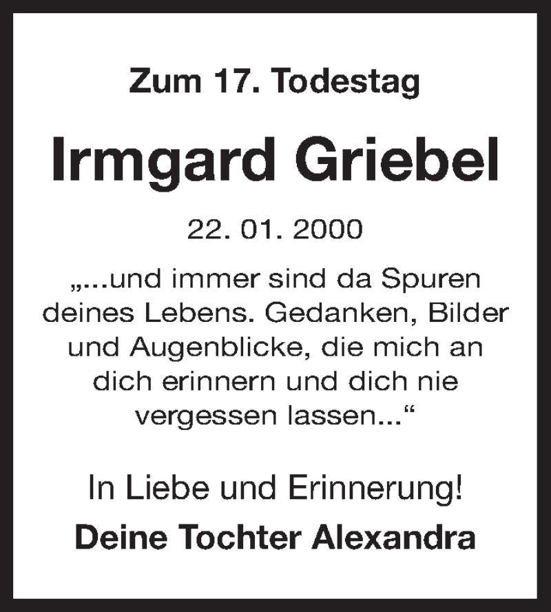  Traueranzeige für Irmgard Griebel vom 21.01.2017 aus Erlanger Nachrichten Lokal