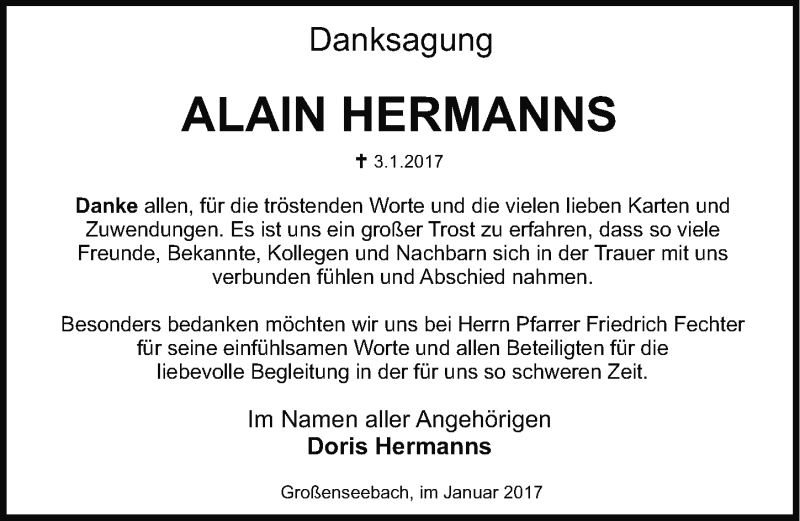  Traueranzeige für Alain Hermanns vom 28.01.2017 aus Erlanger Nachrichten Lokal