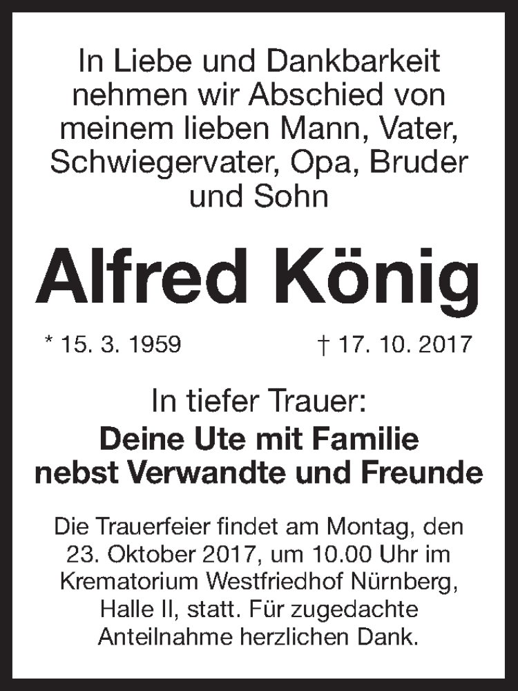  Traueranzeige für Alfred König vom 20.10.2017 aus Gesamtausgabe Nürnberger Nachrichten/ Nürnberger Ztg.