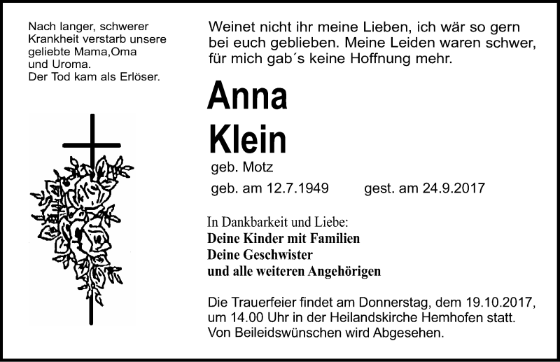  Traueranzeige für Anna Klein vom 14.10.2017 aus Nordbayerische Nachrichten Herzogenaurach Lokal