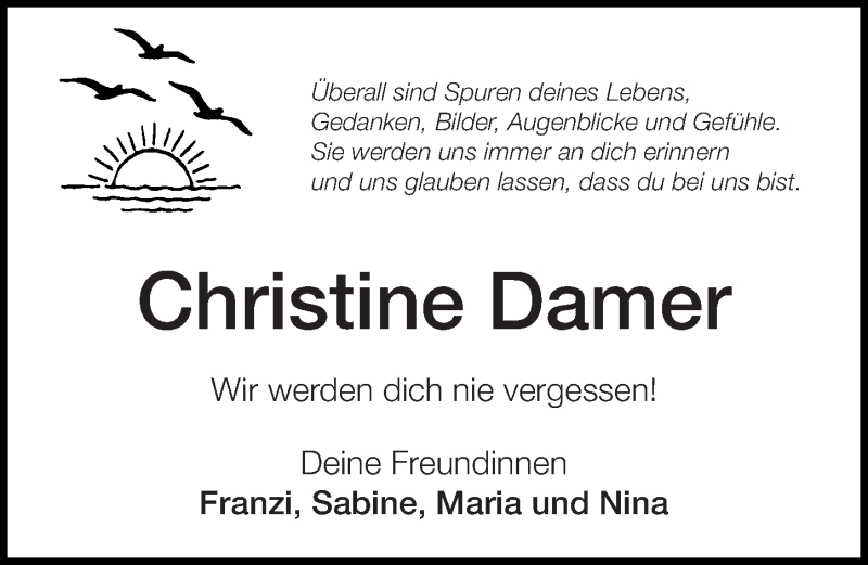  Traueranzeige für Christine Damer vom 26.10.2017 aus Altmühl-Bote Lokal