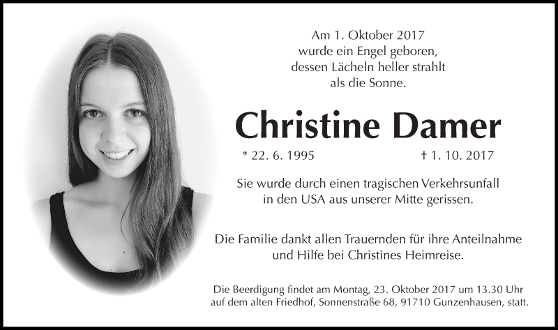  Traueranzeige für Christine Damer vom 21.10.2017 aus Altmühl-Bote Lokal