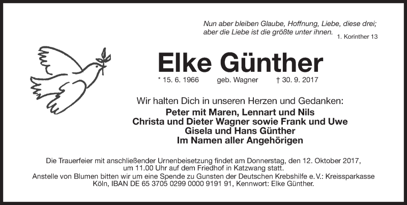 Traueranzeige für Elke Günther vom 09.10.2017 aus Gesamtausgabe Nürnberger Nachrichten/ Nürnberger Ztg.