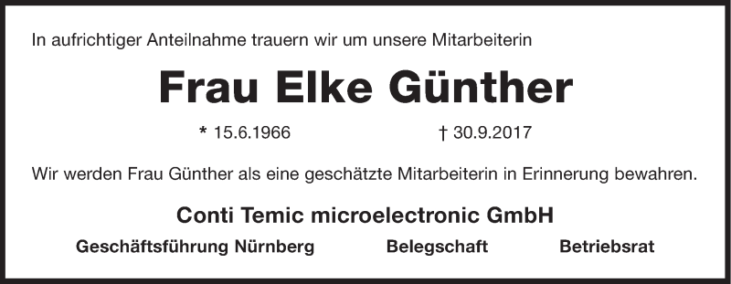  Traueranzeige für Elke Günther vom 12.10.2017 aus Gesamtausgabe Nürnberger Nachrichten/ Nürnberger Ztg.