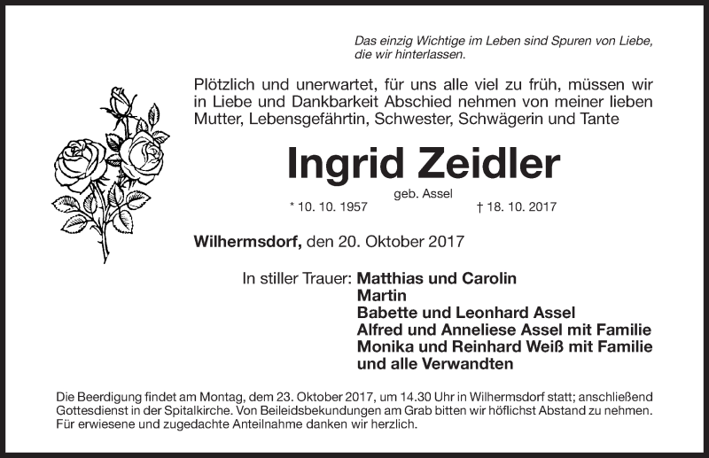  Traueranzeige für Ingrid Zeidler vom 20.10.2017 aus Fürther Nachrichten Lokal