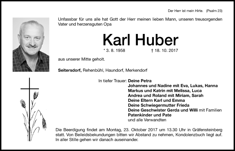  Traueranzeige für Karl Huber vom 21.10.2017 aus Altmühl-Bote Lokal
