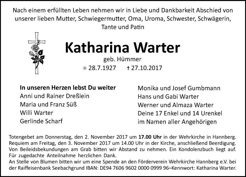  Traueranzeige für Katharina Warter vom 31.10.2017 aus Nordbayerische Nachrichten Herzogenaurach Lokal