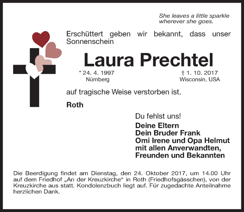  Traueranzeige für Laura Prechtel vom 21.10.2017 aus Gesamtausgabe Nürnberger Nachrichten/ Nürnberger Ztg.