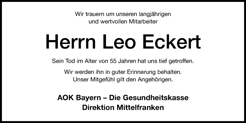  Traueranzeige für Leo Eckert vom 14.10.2017 aus Altmühl-Bote Lokal