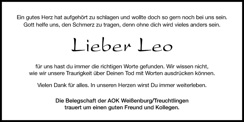  Traueranzeige für Leo Eckert vom 14.10.2017 aus Altmühl-Bote Lokal