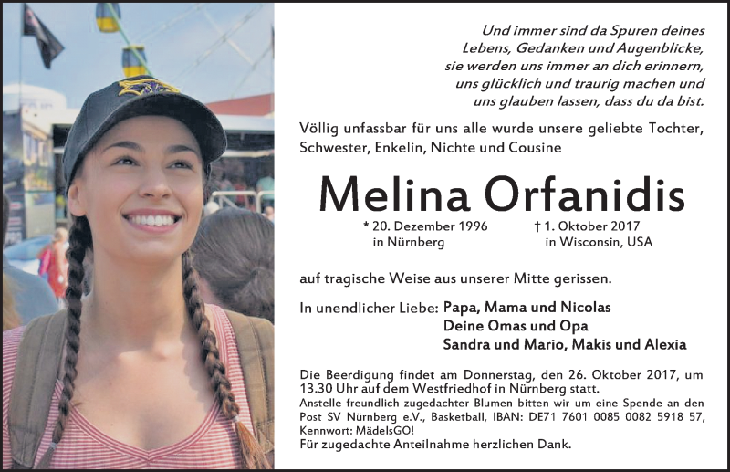 Traueranzeige für Melina Orfanidis vom 23.10.2017 aus Gesamtausgabe Nürnberger Nachrichten/ Nürnberger Ztg.