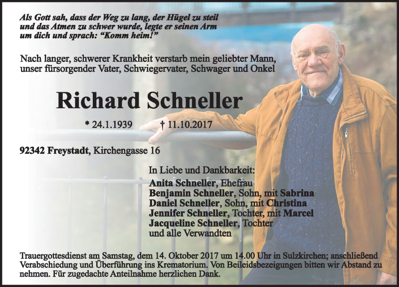  Traueranzeige für Richard Schneller vom 13.10.2017 aus Neumarkter Nachrichten Lokal