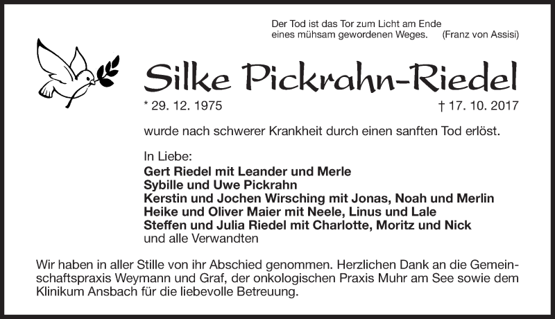  Traueranzeige für Silke Pickrahn-Riedel vom 21.10.2017 aus Altmühl-Bote Lokal