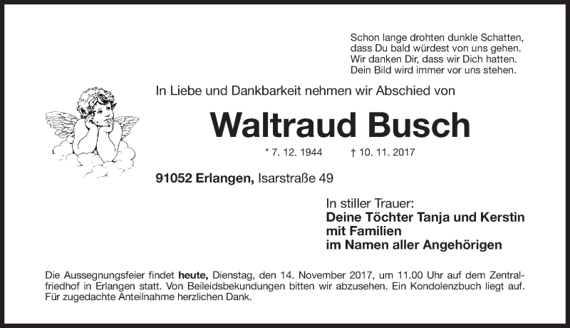  Traueranzeige für Waltraud Busch vom 14.11.2017 aus Erlanger Nachrichten Lokal