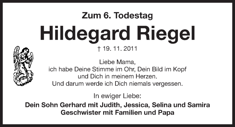  Traueranzeige für Hildegard Riegel vom 18.11.2017 aus Gesamtausgabe Nürnberger Nachrichten/ Nürnberger Ztg.