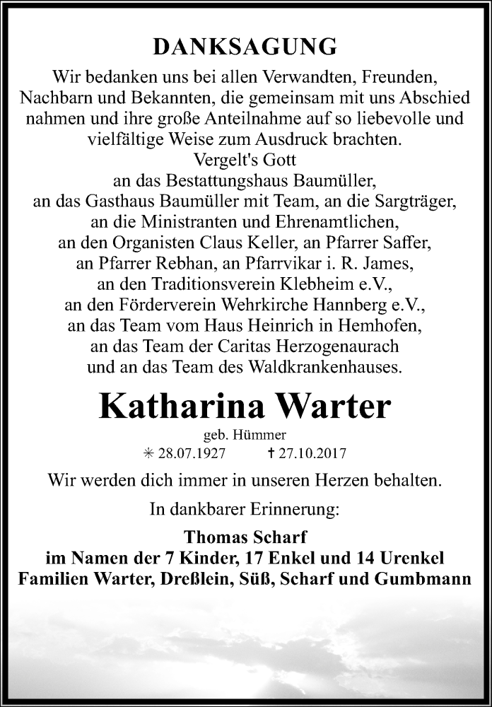  Traueranzeige für Katharina Warter vom 18.11.2017 aus Nordbayerische Nachrichten Herzogenaurach Lokal