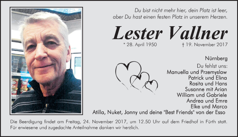  Traueranzeige für Lester Vallner vom 22.11.2017 aus Gesamtausgabe Nürnberger Nachrichten/ Nürnberger Ztg.