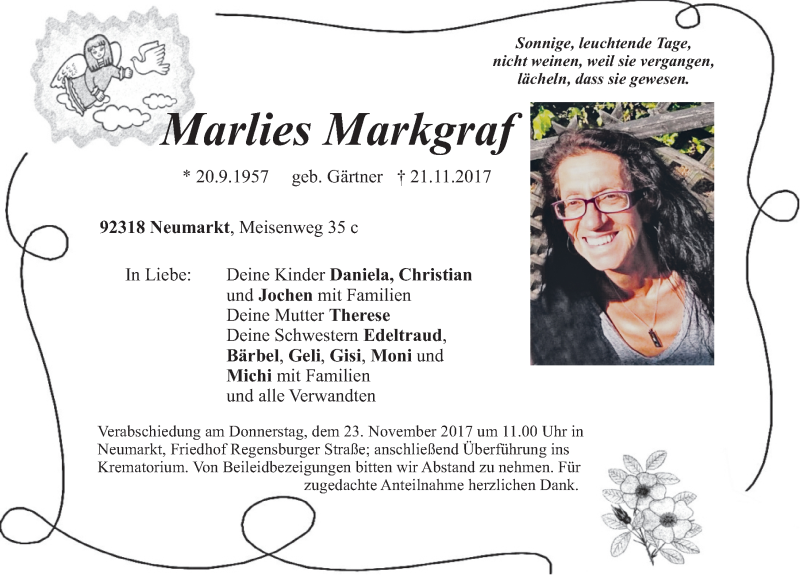  Traueranzeige für Marlies Markgraf vom 22.11.2017 aus Neumarkter Nachrichten Lokal