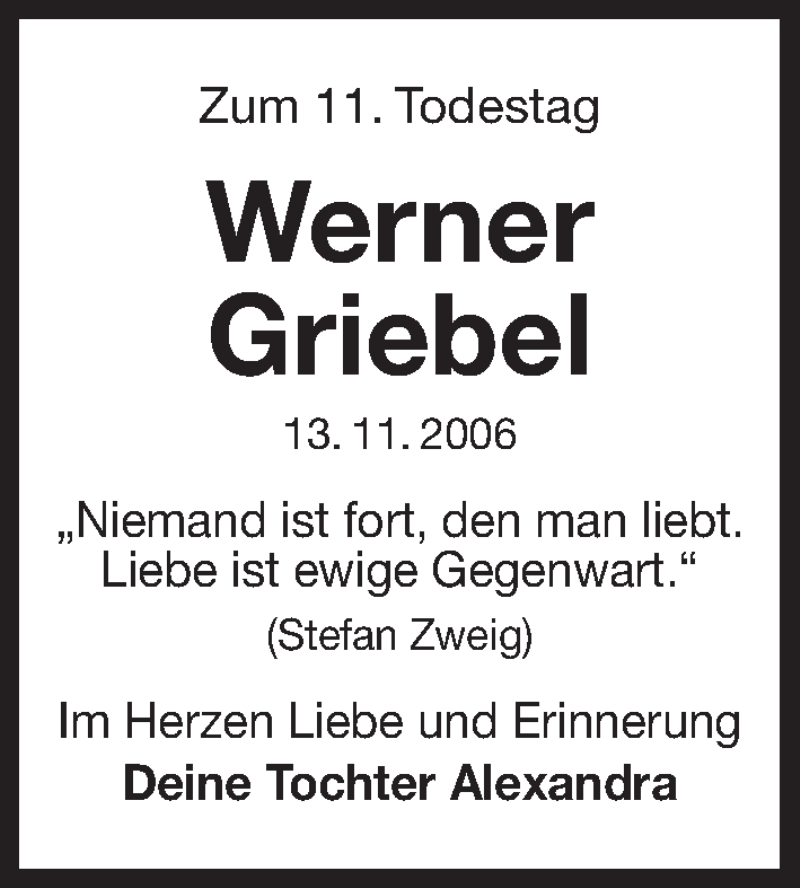  Traueranzeige für Werner Griebel vom 13.11.2017 aus Erlanger Nachrichten Lokal
