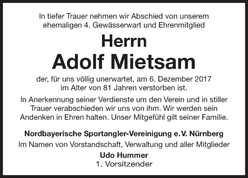  Traueranzeige für Adolf Mietsam vom 12.12.2017 aus Gesamtausgabe Nürnberger Nachrichten/ Nürnberger Ztg.
