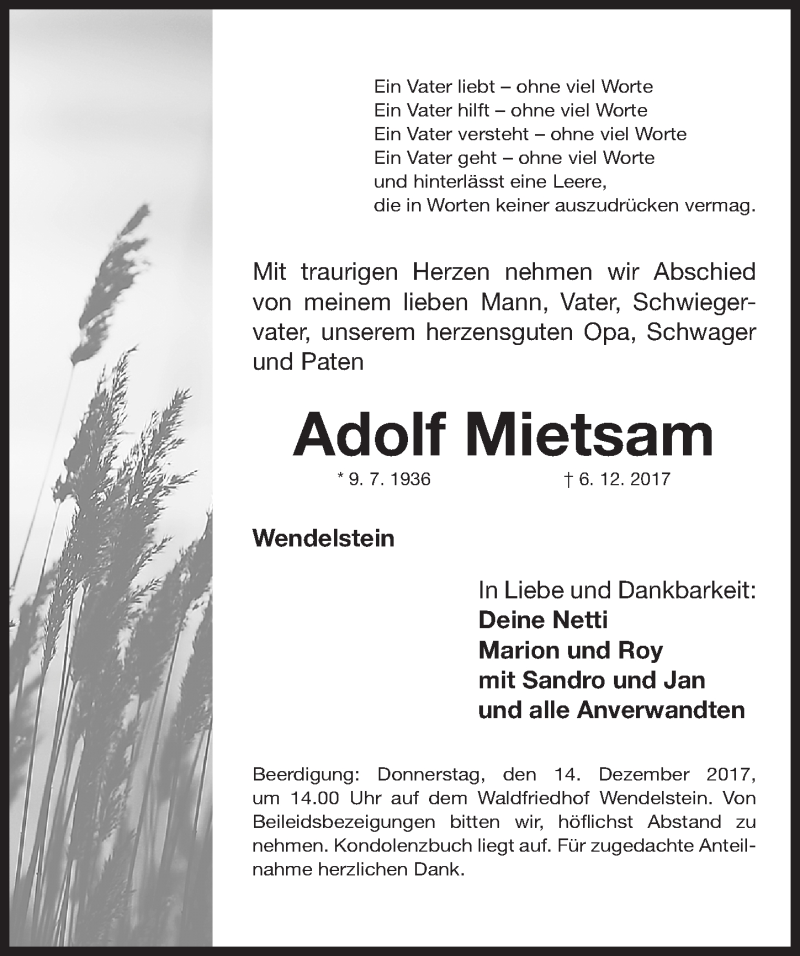  Traueranzeige für Adolf Mietsam vom 11.12.2017 aus Gesamtausgabe Nürnberger Nachrichten/ Nürnberger Ztg.